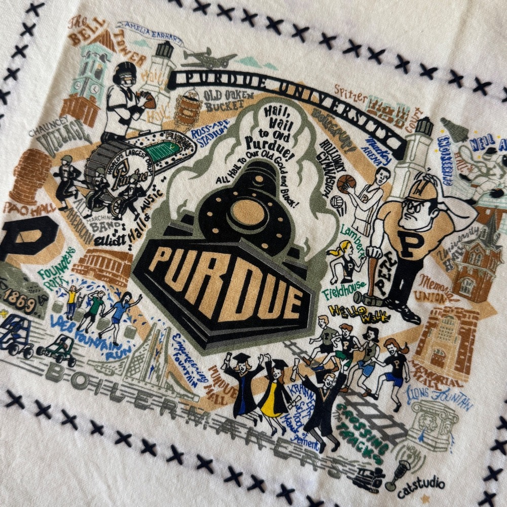 Catstudio Purdue University Dish Tea Towel Cotton Hand Embroidered Boilermakers